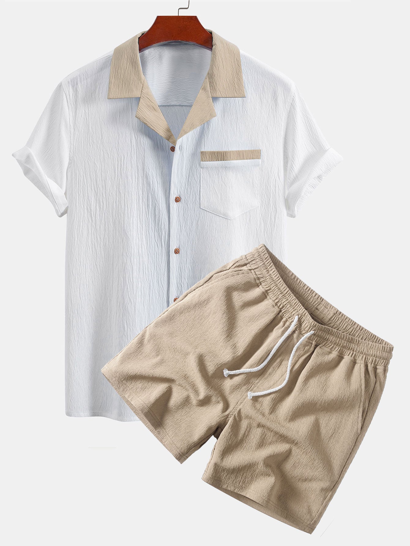 Ensemble — chemise cubaine texturée froissée contrastante & short à cordon