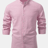 Ensemble — chemise rayée en seersucker à col officier & pantalon en lin à jambe droite