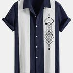 Améline — Chemise bowling patchwork en lin à imprimé losanges géométriques