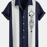 Améline — Chemise bowling patchwork en lin à imprimé losanges géométriques