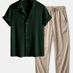 Ensemble — chemise cubaine gaufrée en maille à manches courtes & pantalon texturé froissé