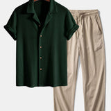 Ensemble — chemise cubaine gaufrée en maille à manches courtes & pantalon texturé froissé