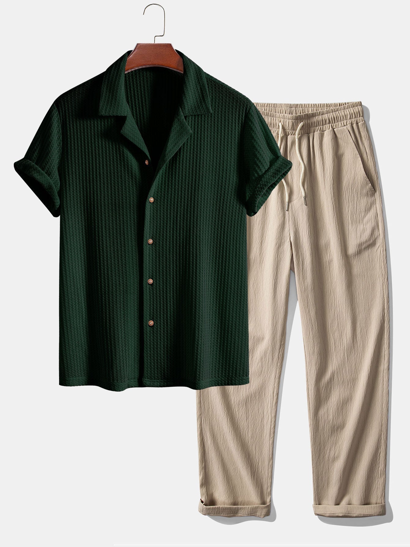 Ensemble — chemise cubaine gaufrée en maille à manches courtes & pantalon texturé froissé