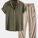 Ensemble — chemise jacquard rayée géométrique & pantalon texturé froissé