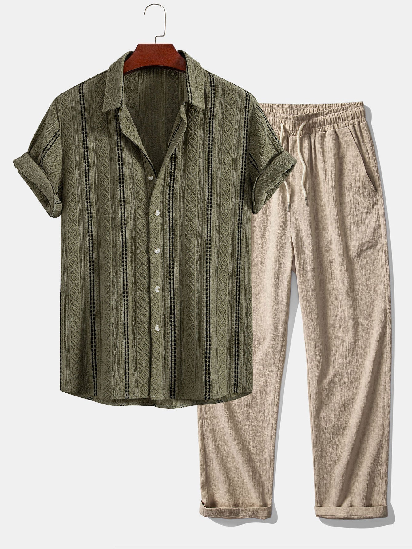 Ensemble — chemise jacquard rayée géométrique & pantalon texturé froissé