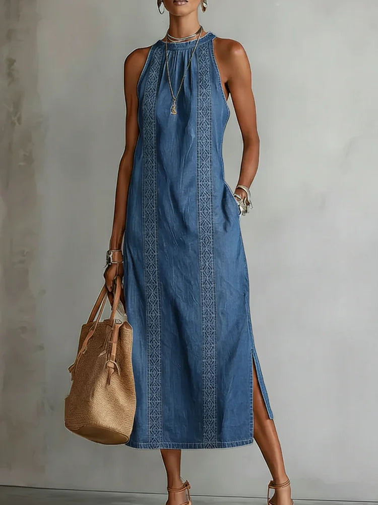 Robe Longue en Jean à Col Montant et Broderie - Bleu