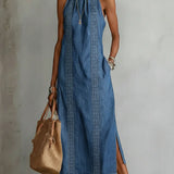 Robe Longue en Jean à Col Montant et Broderie