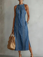 Robe Longue en Jean à Col Montant et Broderie