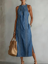 Robe Longue en Jean à Col Montant et Broderie