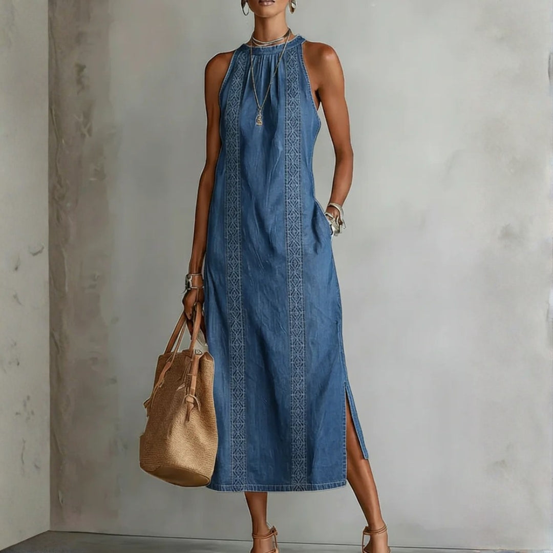 Robe Longue en Jean à Col Montant et Broderie