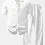 Ensemble — chemise en maille ajourée zigzag & pantalon en lin à jambe droite