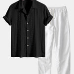 Ensemble Améline — chemise cubaine texturée jacquard géométrique & pantalon en lin à jambe droite