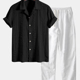 Ensemble Améline — chemise cubaine texturée jacquard géométrique & pantalon en lin à jambe droite