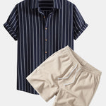 Ensemble — chemise rayée en coton mélangé & short texturé froissé à cordon