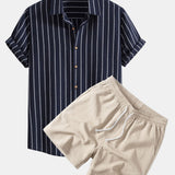 Ensemble — chemise rayée en coton mélangé & short texturé froissé à cordon