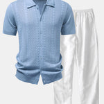 Ensemble — chemise boutonnée en maille jacquard torsadé & pantalon en lin à jambe droite