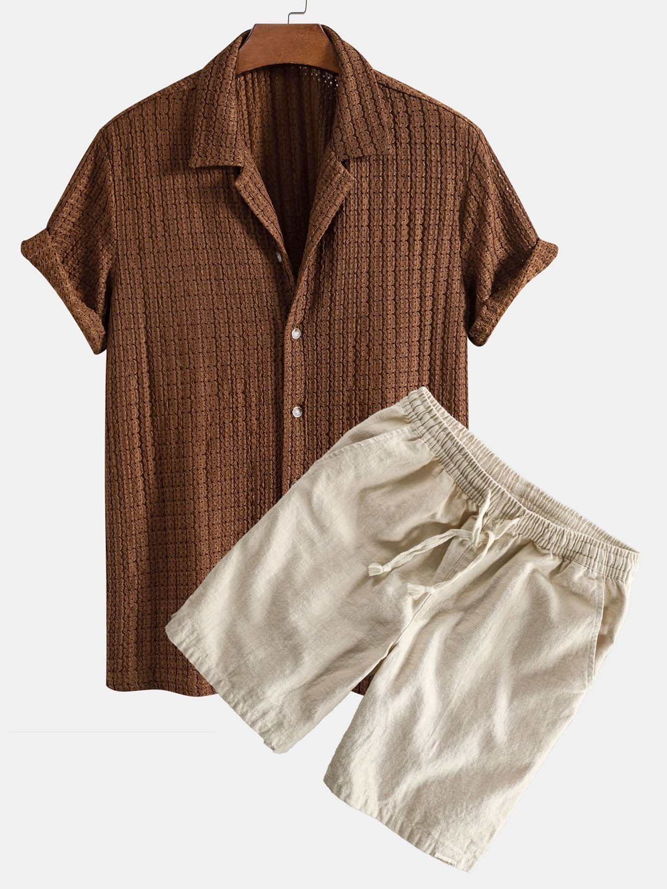 Ensemble — chemise cubaine texturée jacquard & short à cordon en lin et coton