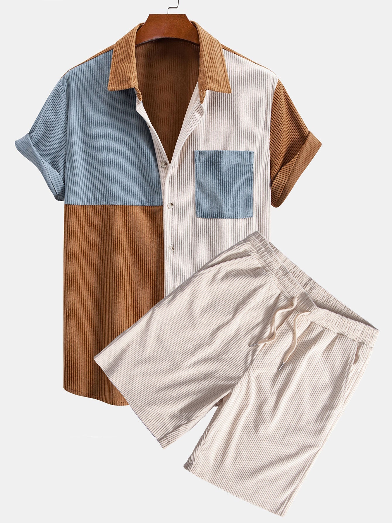 Ensemble — chemise en velours côtelé color block & short en velours côtelé à cordon