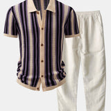 Ensemble — chemise crochetée ajourée rayée & pantalon en lin à jambe droite