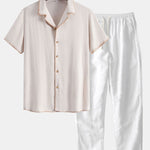 Ensemble — chemise cubaine en lin et viscose à coutures contrastantes & pantalon en lin