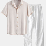 Ensemble — chemise cubaine en lin et viscose à coutures contrastantes & pantalon en lin