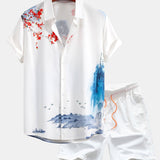 Ensemble — chemise à imprimé peinture à l'encre orientale & short de bain mi-long à cordon