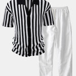 Ensemble — chemise crochetée rayée à épaules tombantes & pantalon en lin à jambe droite