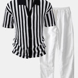 Ensemble — chemise crochetée rayée à épaules tombantes & pantalon en lin à jambe droite