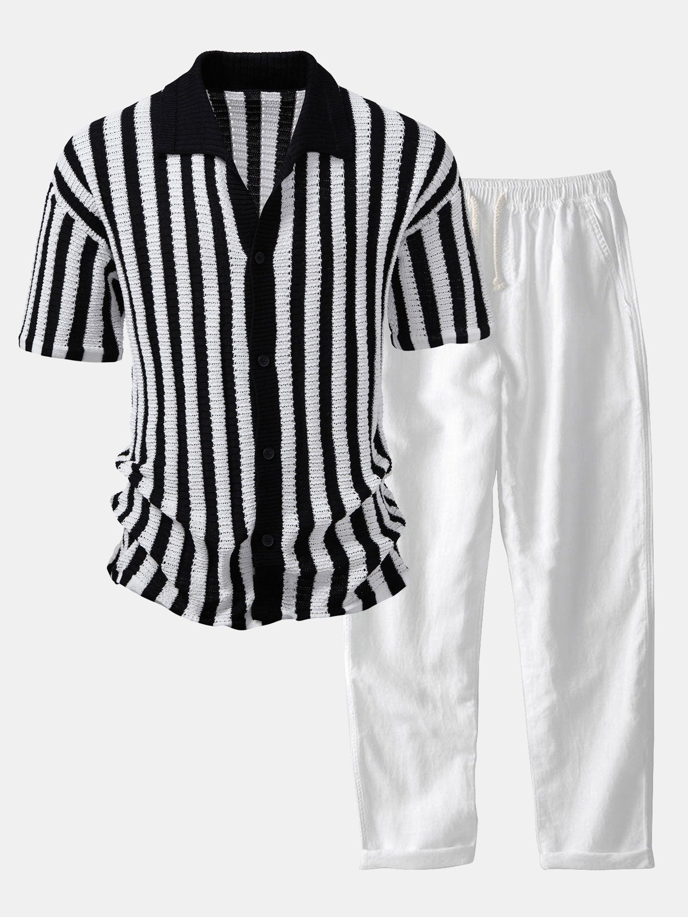 Ensemble — chemise crochetée rayée à épaules tombantes & pantalon en lin à jambe droite