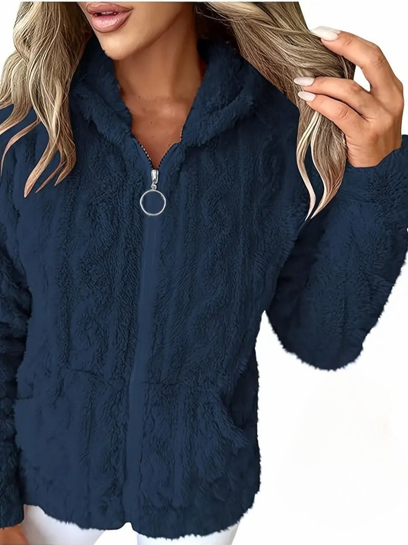 Frida | Sweat à capuche zippé douillet à torsades Bleu marine, photo studio