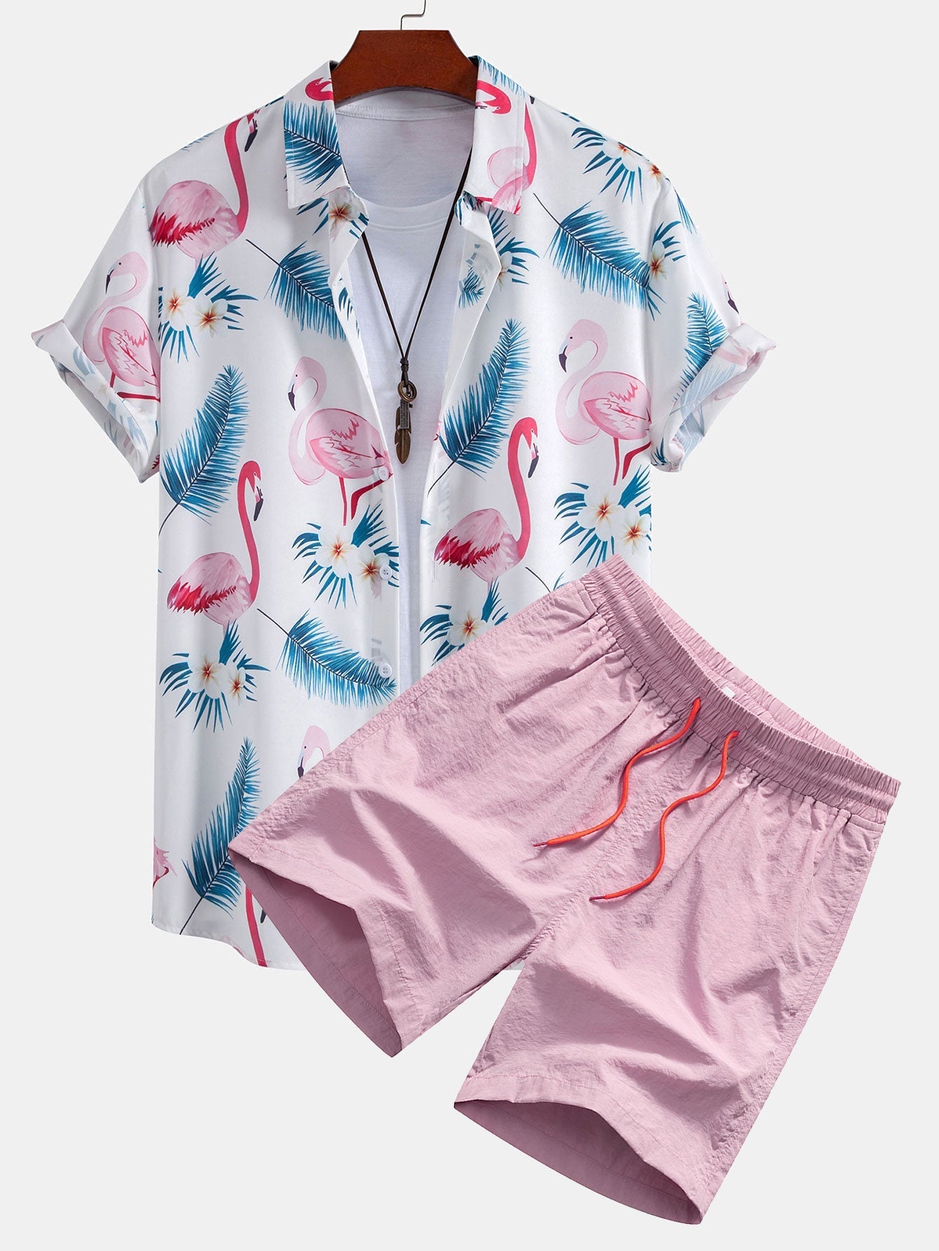 Ensemble — chemise à imprimé flamants roses et feuilles & short de bain