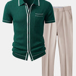 Ensemble — chemise côtelée en maille à bordure contrastante & pantalon fuselé coupe slim