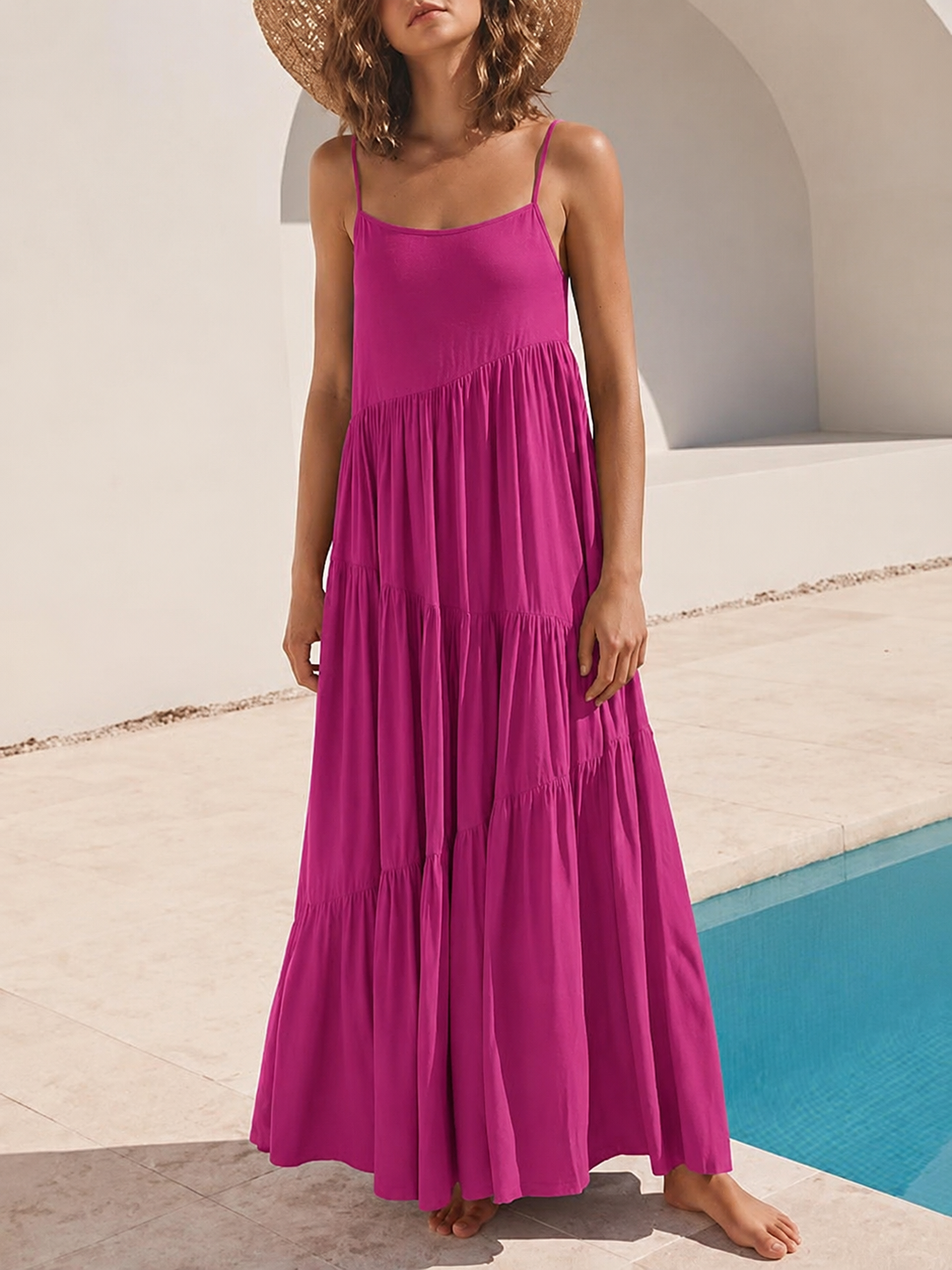 Isaure | Robe aérienne à volants étagés Fuchsia, photo studio