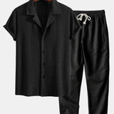 Ensemble — chemise cubaine texturée à losanges coupe ajustée & pantalon en lin à jambe droite