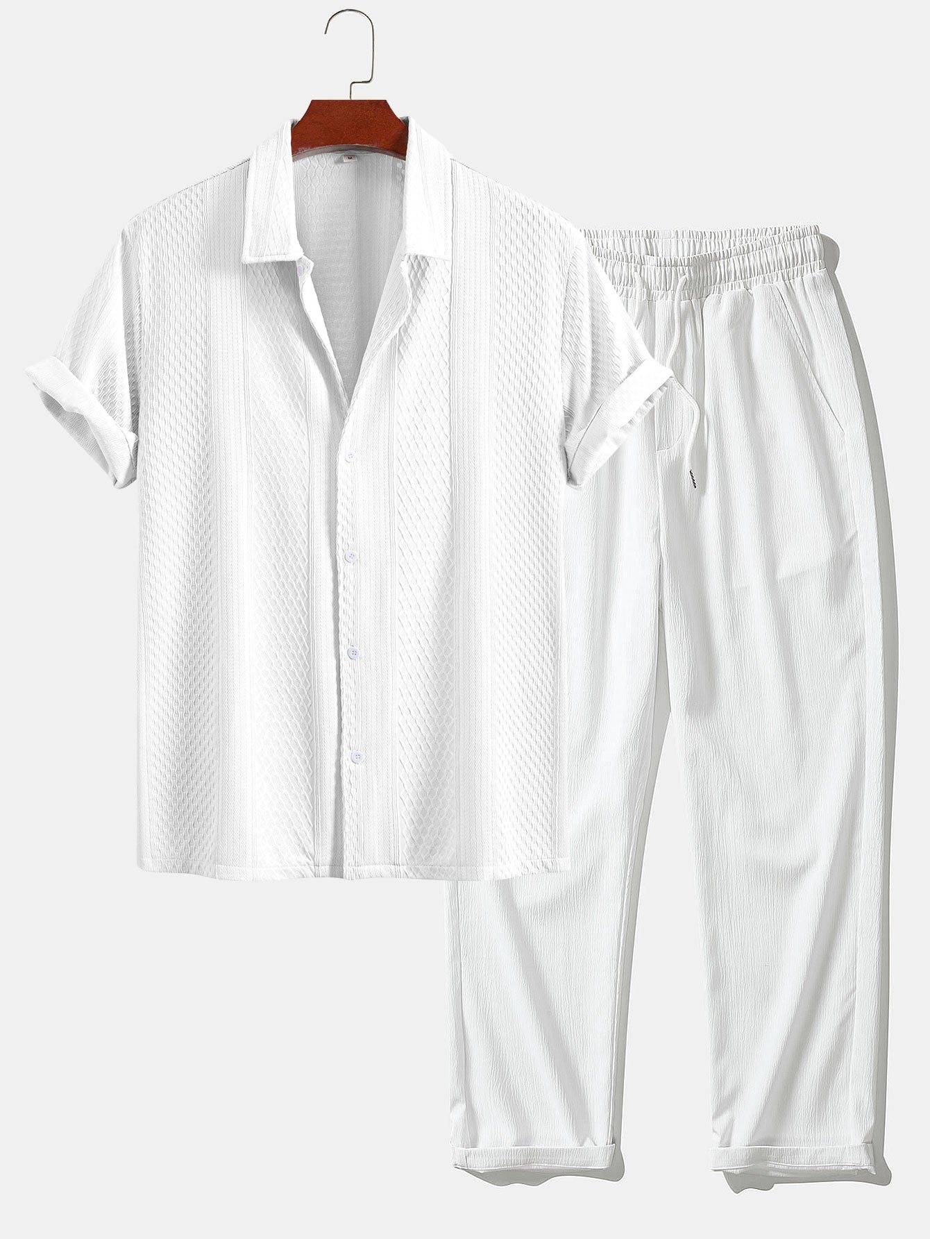 Ensemble Capucine — chemise jacquard géométrique & pantalon texturé froissé à jambe droite