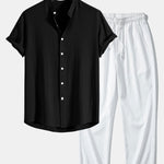 Ensemble — chemise en lin et viscose à col officier & pantalon texturé froissé