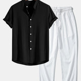 Ensemble — chemise en lin et viscose à col officier & pantalon texturé froissé