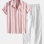Ensemble — chemise rayée à col cubain & pantalon en lin à jambe droite