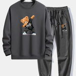 Ensemble — sweat à col rond coupe décontractée à imprimé ours & pantalon de jogging