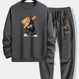 Ensemble — sweat à col rond coupe décontractée à imprimé ours & pantalon de jogging