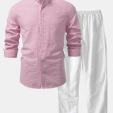Ensemble — chemise rayée en seersucker à col officier & pantalon en lin à jambe droite