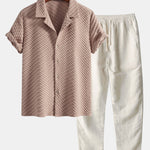 Ensemble — chemise cubaine jacquard pied-de-poule & pantalon en lin à jambe droite