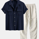 Ensemble — chemise texturée à col cubain et poche & pantalon en lin à jambe droite