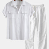 Ensemble — chemise cubaine en lin à poches & pantalon en lin à jambe droite