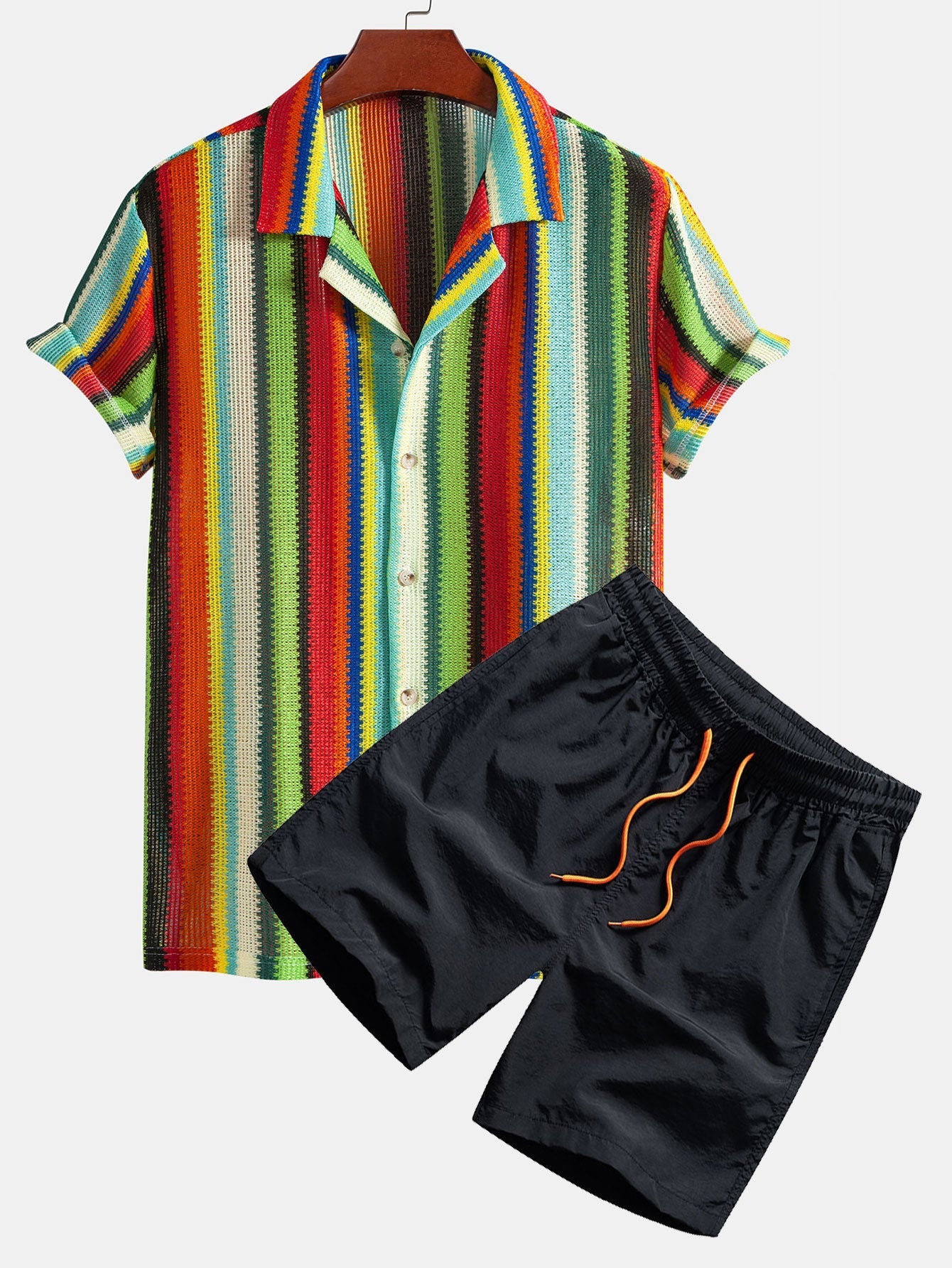 Ensemble Améline — chemise cubaine gaufrée à rayures colorées & short de bain