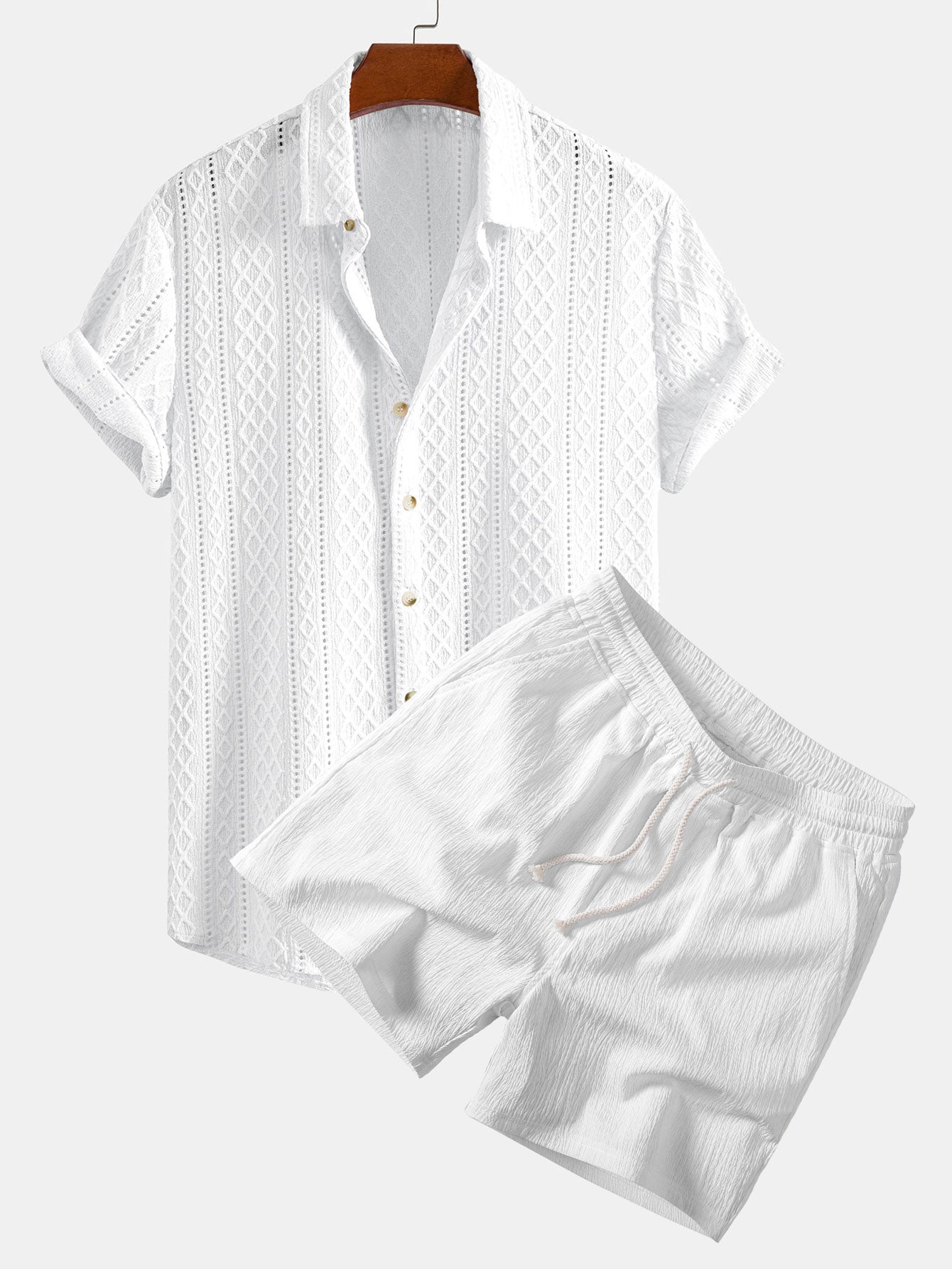 Ensemble — chemise jacquard à losanges géométriques & short texturé froissé à cordon