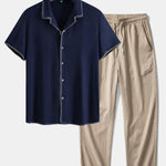 Ensemble — chemise cubaine en lin et viscose à coutures contrastantes & pantalon texturé froissé