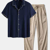 Ensemble — chemise cubaine en lin et viscose à coutures contrastantes & pantalon texturé froissé