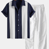 Ensemble — chemise bowling patchwork en lin & pantalon en lin à jambe droite
