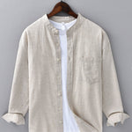 Chemise en lin et coton à col officier, manches longues et poche